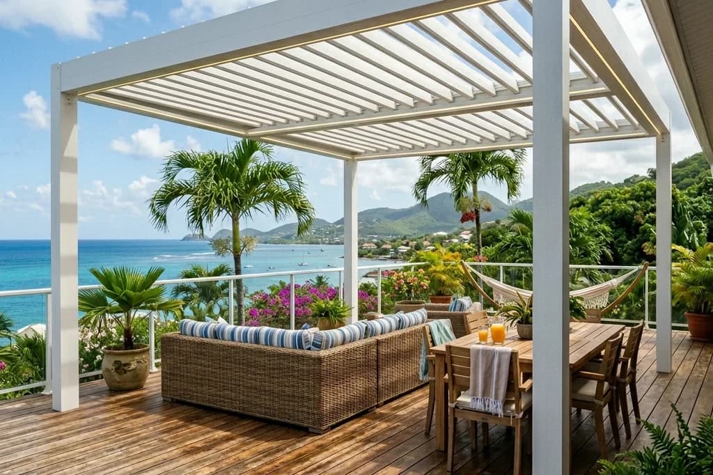Pergola bioclimatique GT MAT et garde-corps vitrés sur une terrasse en bois face à la mer, au Diamant (Martinique)