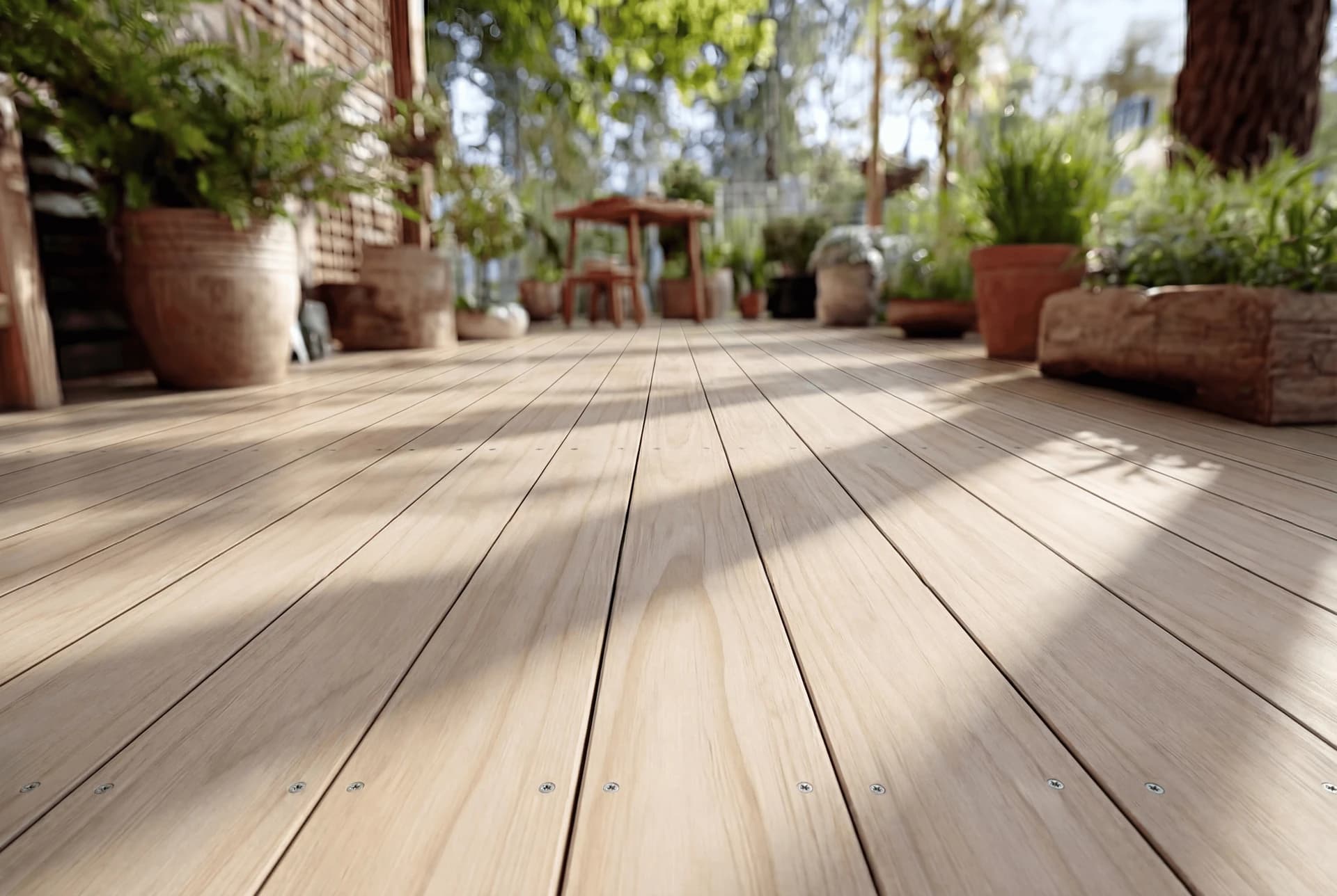 Lames de terrasse Accoya naturel vues de près, entre jardinières au soleil : veinage fin et teinte claire