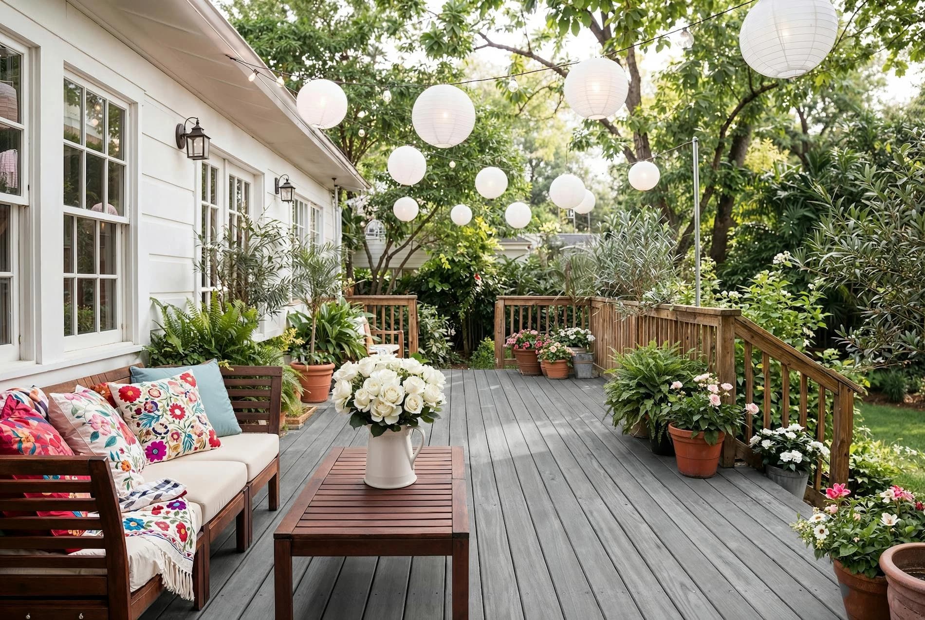 Accoya Color Grey garden deck between a light house and flower beds, hanging lanterns